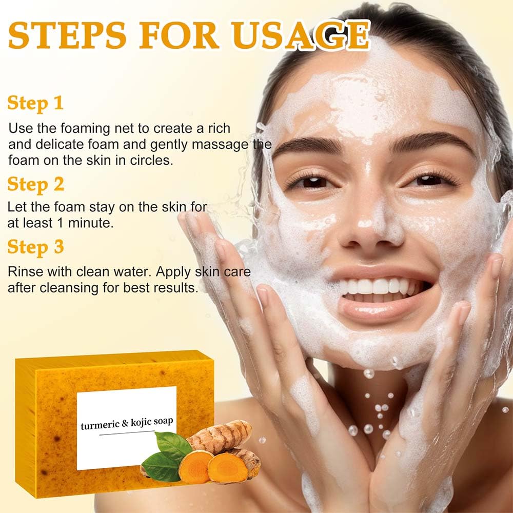 Lemon Turmeric Kojic Soap,Natural Handmade Soap,Turmeric Soap Bar for Face and Body, Smooth Skin Tumeric Soaps,Deep Cleansing Soap for Men & Women